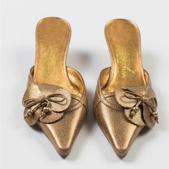 Salvator Ferragamo Gold Floral Kitten Heel Open Back Heels - Picture 2 of 13
